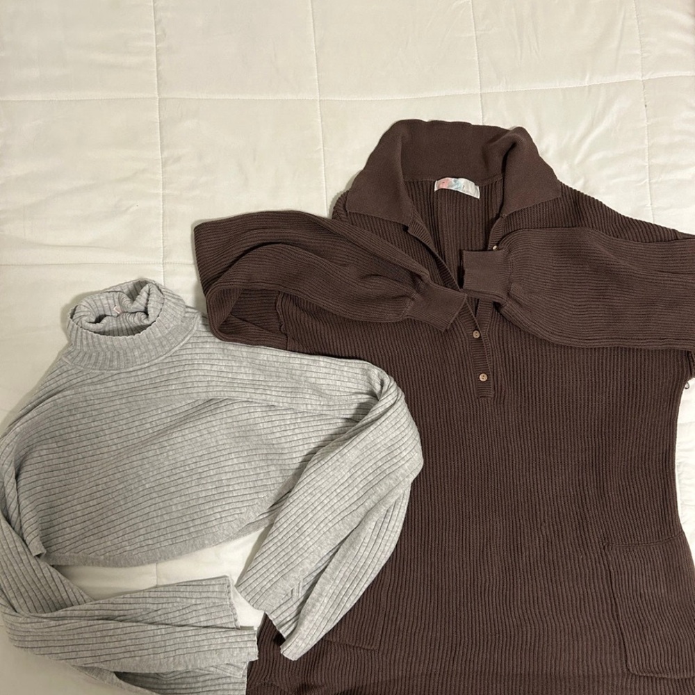 Free People Brown and Gray Cowl & Turtleneck Sweater Set